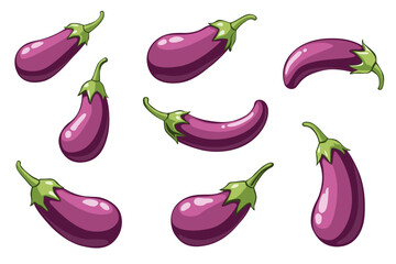 Flat vector illustration of purple eggplants with green stems, fresh vegetable design isolated on white background