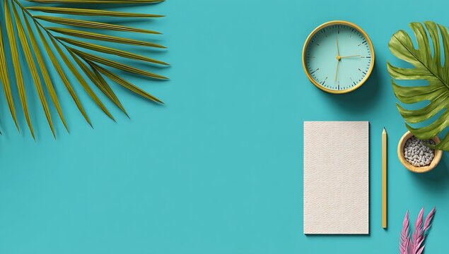 Tropical leaves and desk supplies on a teal background
