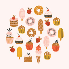Holiday greeting card with ice cream, cupcakes, strawberries, donuts on white background. Circle ornament. Perfect for birthday decorations. Vector child illustration