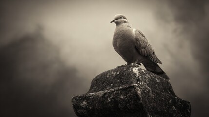Obraz premium Mourning dove perched atop weathered stone, against a dark, brooding sky