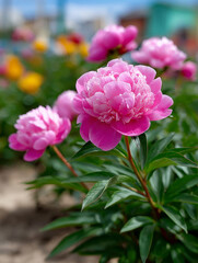 Fototapeta premium Vibrant pink peonies blooming in a lush green garden.