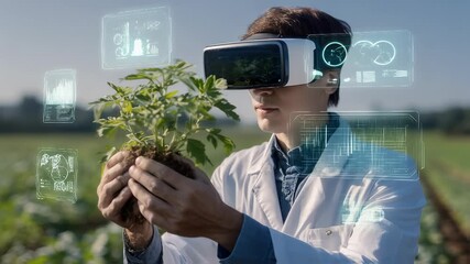 A researcher analyzes plants in a field with virtual reality to gain insights that improve farming practices - Powered by Adobe