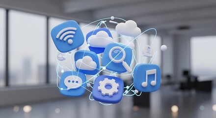 3d icons representing cloud computing, wifi, chat, music, and search functions