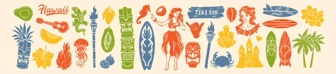 Hawaii summer beach print, hand drawn tropical tiki mask illustration, exotic island bar sticker set. Paradise vacation icon, traditional woman dance, palm tree silhouette tribal totem. Hawaii summer