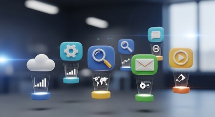 Digital icons with data visualization elements and world map integration