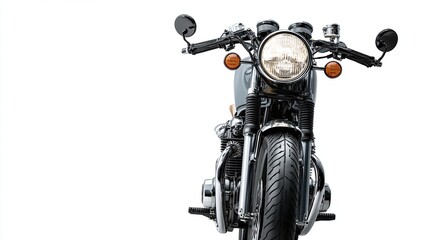 Close-up front view of a classic motorcycle, grey tank, round headlight, chrome accents, black handlebars, and circular mirrors