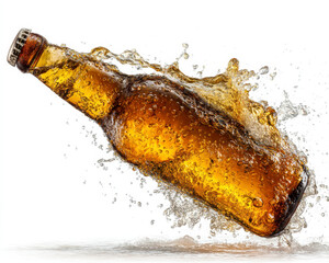 Amber bottle with liquid splash in mid air isolated on white background, dynamic motion captured with water droplets and bubbles creating energetic and refreshing scene