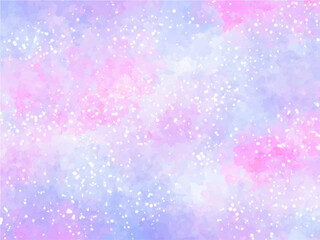 梅雨時のアジサイなど、淡い紫色やピンク色のお花イメージの背景素材。水彩風テクスチャー。筆のタッチ。水彩の柔らかなにじみ。キラキラした光。水滴の輝き。しっとり感。