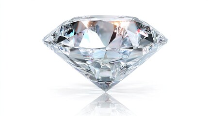 Sparkling, clear diamond with many facets reflects light, centered on a white surface