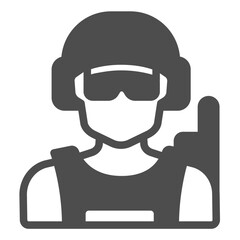 Special forces soldier solid icon, police force concept. Vector graphics. Policeman with helmet, sunglasses and radio sign on white background, glyph style icon for mobile or web design.