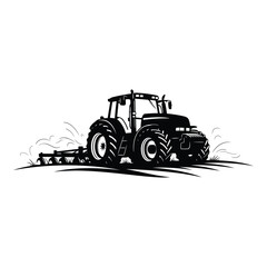 Powerful agricultural tractor tilling soil with attached tiller equipment in a dynamic sketch style silhouette