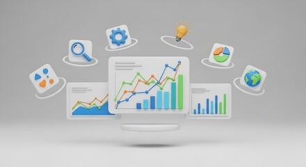 Floating financial charts and analytics icons on a clean white background