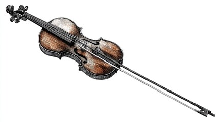Obraz premium Vintage violin with bow resting atop, detailed aged texture, against white background