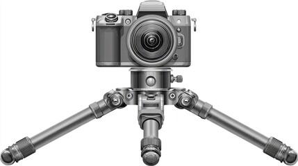 Camera mounted on a metal tripod, depicted in grayscale tones