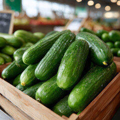 Cucumbers displayed at a vegetable market stand.