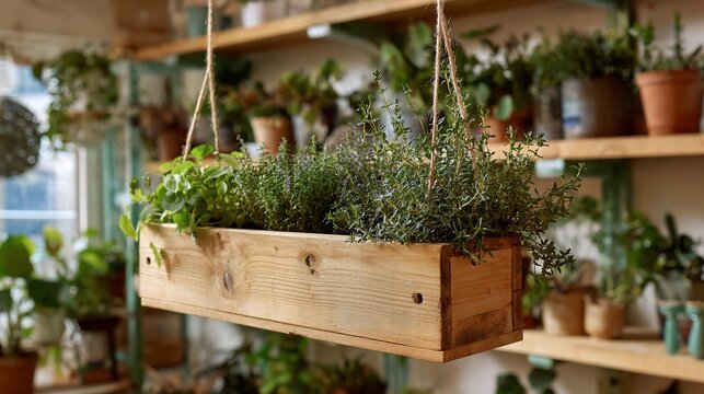 Hanging wooden planter box filled with various herbs and small plants