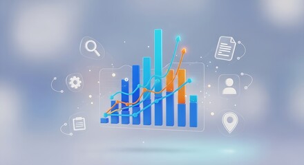 3d bar chart with rising trend lines and business analytics icons