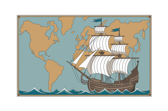 Vintage World Map with Sailing Ship, Evoking Exploration
