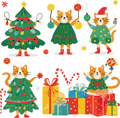 Fototapeta premium Cute Christmas Cats Celebrating Holiday Season with Gifts and Decorations