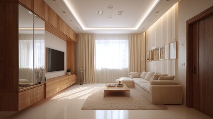 Fototapeta premium Cozy living room with built-in wood cabinetry, light walls, and neutral sectional sofa