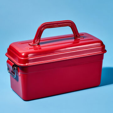 Red metal toolbox on a blue background