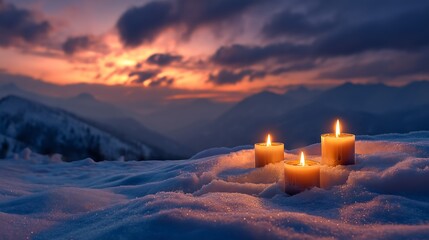 Three Glowing Candles in the Snow During a Serene Winter Sunset
