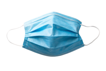 Blue disposable surgical mask with white ear loops and pleated design, isolated on a transparent background