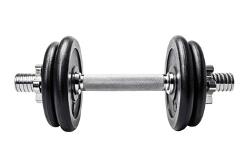 Obraz premium Chrome adjustable dumbbell with black weight plates and textured grip handle bar, isolated on a transparent background