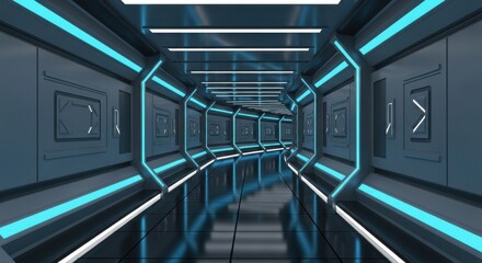 Obraz premium Futuristic Technology Tunnel with Neon Lights and Reflective Flooring