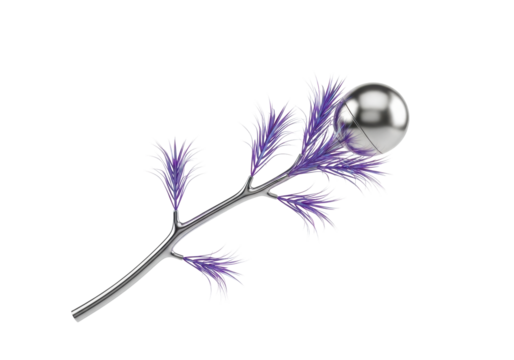 Sculpted metallic silver branch, iridescent violet foliage, shimmering pearlescent pod, isolated on transparent, copy space, soft diffused light, concept of futuristic elegance