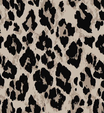 Leopard print. Vector seamless pattern. Animal skin background with black and brown spots on beige backdrop. Abstract exotic safari texture. Jaguar, leo, puma cheetah fur pattern. Repeat design