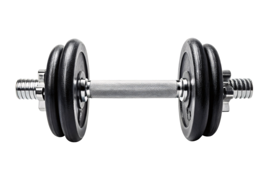Chrome adjustable dumbbell with black weight plates and textured grip handle bar, isolated on a transparent background - Powered by Adobe