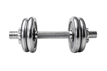 Fototapeta premium Chrome adjustable dumbbell with silver weight plates and knurled grip handle for home gym fitness equipment, isolated on a transparent background