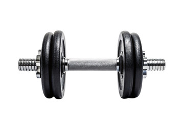 Adjustable dumbbell with black rubber weight plates and textured chrome handle for strength training workouts, isolated on a transparent background