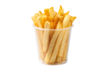 Crispy golden french fries served in clear plastic transparent cup showing perfectly cooked potato strips inside container, isolated on a transparent background