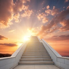 Stairway Leading Up To Sky At Sunrise - Resurrection And Entrance Of Heaven
