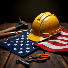 Yellow protective construction helmet and tools on a wooden background