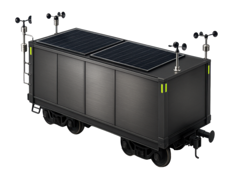 Boxcar with exterior-mounted weather monitoring instruments and solar panels