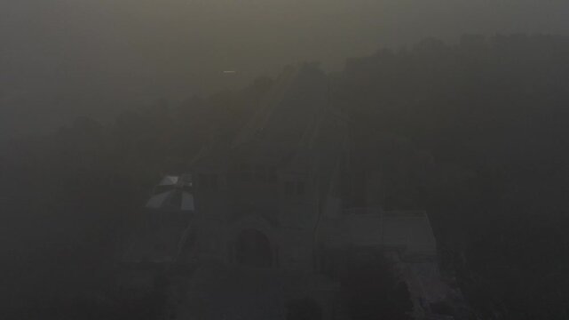 The Church of the Transfiguration, located on the summit of Mount Tabor in Israel, from a drone view