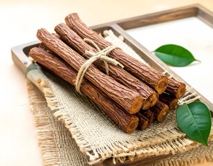 Professional still-life of bundled licorice roots (mulethi) tied with jute twine on layered jute and linen mats over a wooden tray, styled with a few green leaves; warm brown wood grain, earthy (herb)
