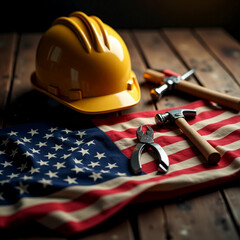 Yellow protective construction helmet and tools on a wooden background, for aAmerican labor day