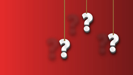 Three hanging white question marks in front of a red wall with copy space - 3D illustration - 1