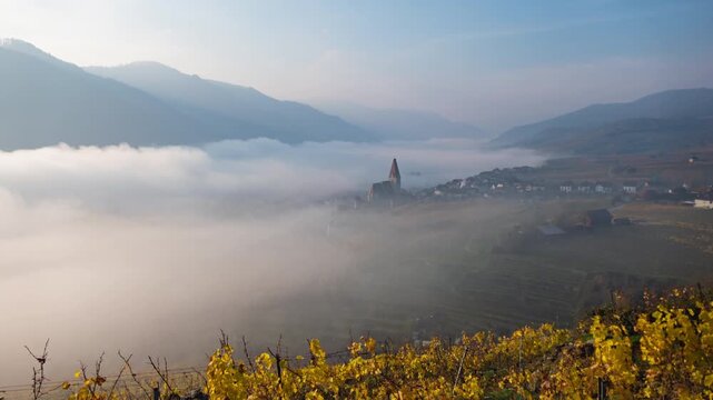 Autumn morning fog over Danube river time lapse Weissenkirchen in der Wachau town and vineyards. Wachau valley, Austria.