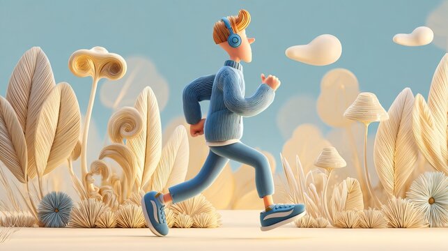 Whimsical 3D cartoon illustration of jogger in motion, depicted with bright morning lighting, wearing sporty attire and headphones, suited for active lifestyle, health apps and motivational projects