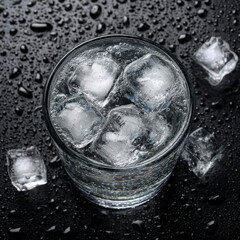 Sparkling carbonated drink with ice cubes in glass on wet black surface, refreshing cold beverage with bubbles and condensation droplets creating cool and crisp feeling
