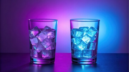 Two glasses filled with ice cubes illuminated by vibrant purple and blue lights