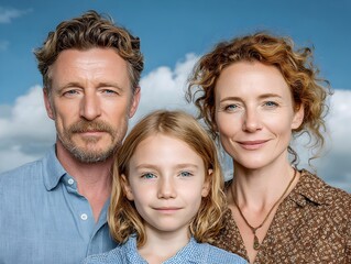 Fototapeta premium A happy family of three stands together outdoors with the father daughter and mother all smiling warmly.