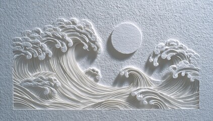 Intricate white wave relief carving with oval moon