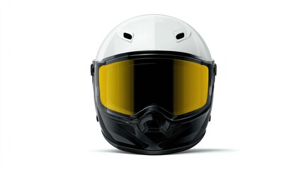 Glossy white helmet with yellow visor and black lower section against a white background