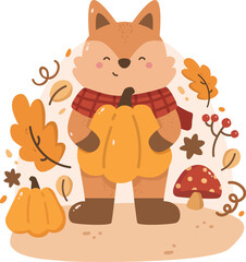 Fox with Pumpkin Autumn Illustration